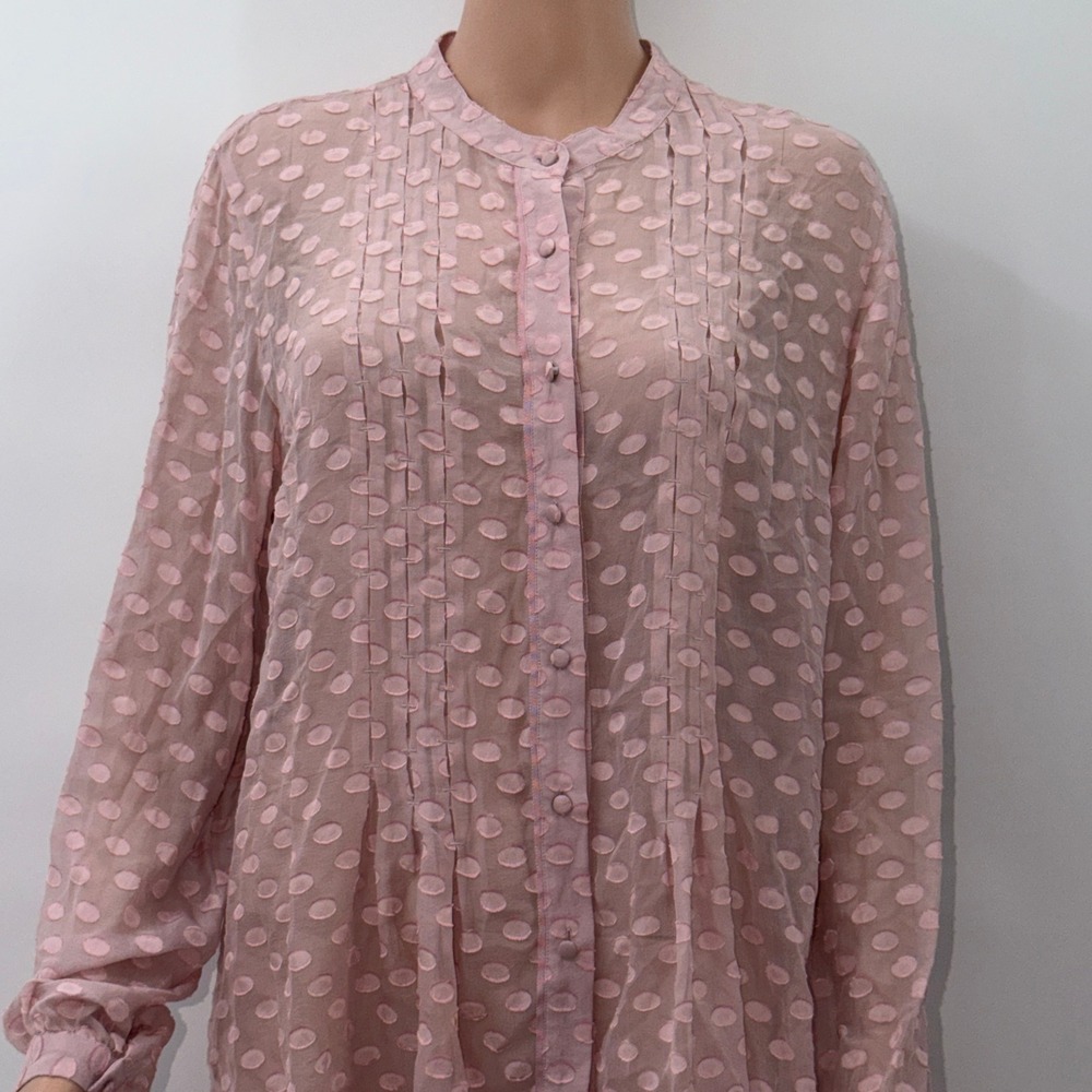 Soft Surroundings M Pink Silk Blend Sheer Polka Dot Pintuck Blouse Romantic Top